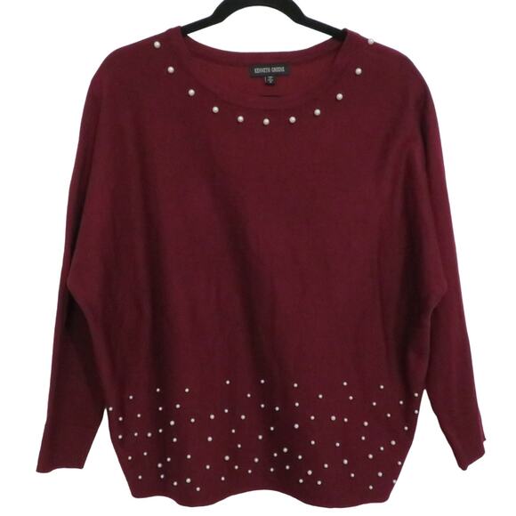 Kenneth Greene Womens Sz S Burgundy Knit Sweater Faux Pearl Detail Dark Academia - Picture 1 of 6